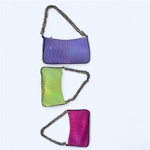 3 neon color faux gator baguette purse with gold chain strap